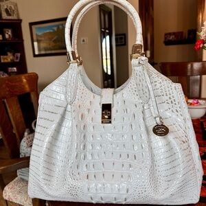 Brahmin White Croc-Embossed Leather Top-Handle Satchel with Gold Hardware